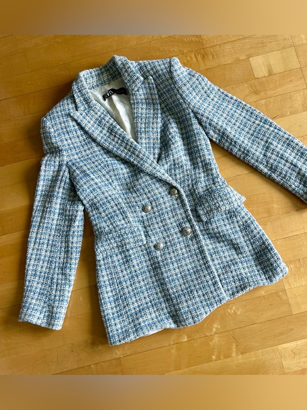 Zara Tweed Double-Breasted Blazer, Blue, White, Black, Silver Buttons, Size S